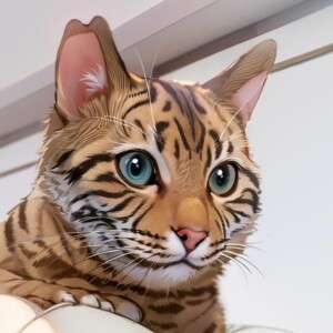 The image depicts a close-up of a cat with tiger-like stripes clearly visible on its fur. The cat has large, prominent blue eyes and a small pink nose. Its ears are turned up and white whiskers are visible. The background is not descriptive and provides no additional context for the cat's environment.